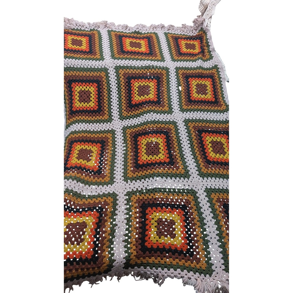 Vintage‎ Handmade Crochet Granny Square Afghan Throw Blanket Earth Tones 48x72